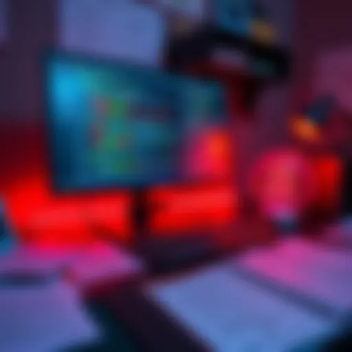 A computer screen showing automated exploit testing tools and code on a desk surrounded by security documents.