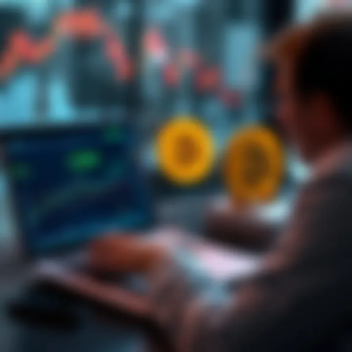 A person setting up monthly Bitcoin investments on a laptop with charts and Bitcoin symbols on the screen.