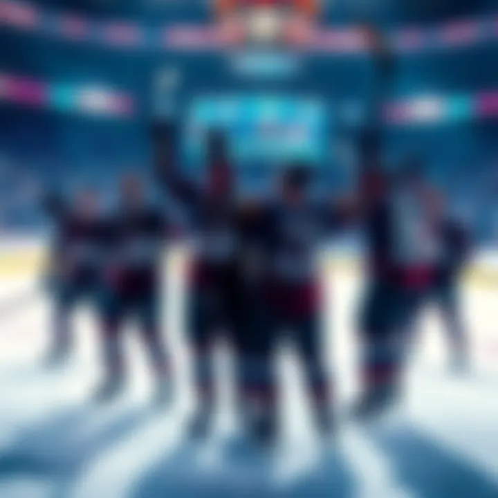 Colorado Avalanche players celebrating a goal on the ice, showcasing excitement and teamwork during a game.