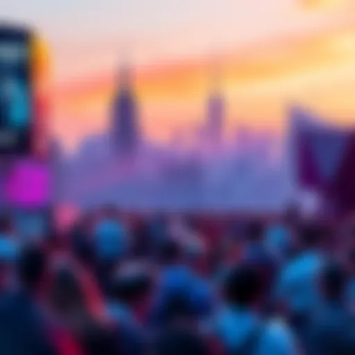A vibrant scene of the Avalanche Summit event in New York City, featuring attendees engaged in discussions about on-chain finance, with a backdrop of the NYC skyline.