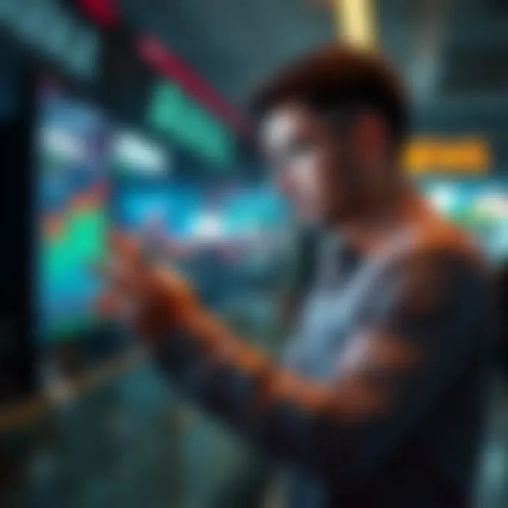 A worried investor checking stock prices on a digital screen showing AVAX trends.