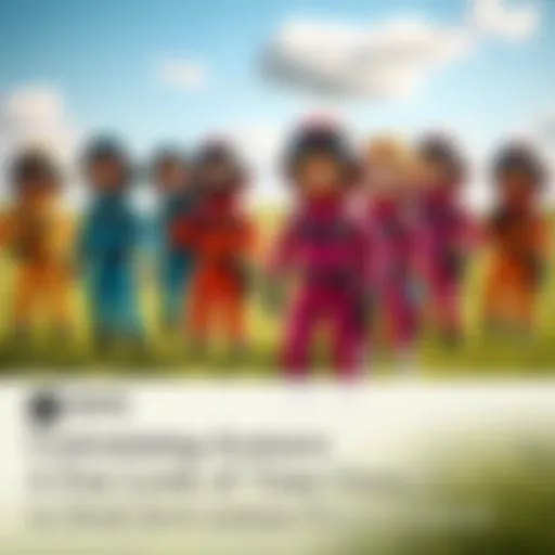 Several colorful avatars wearing funny spacesuits stand on a grassy field, showing off their unique styles while interacting with each other.