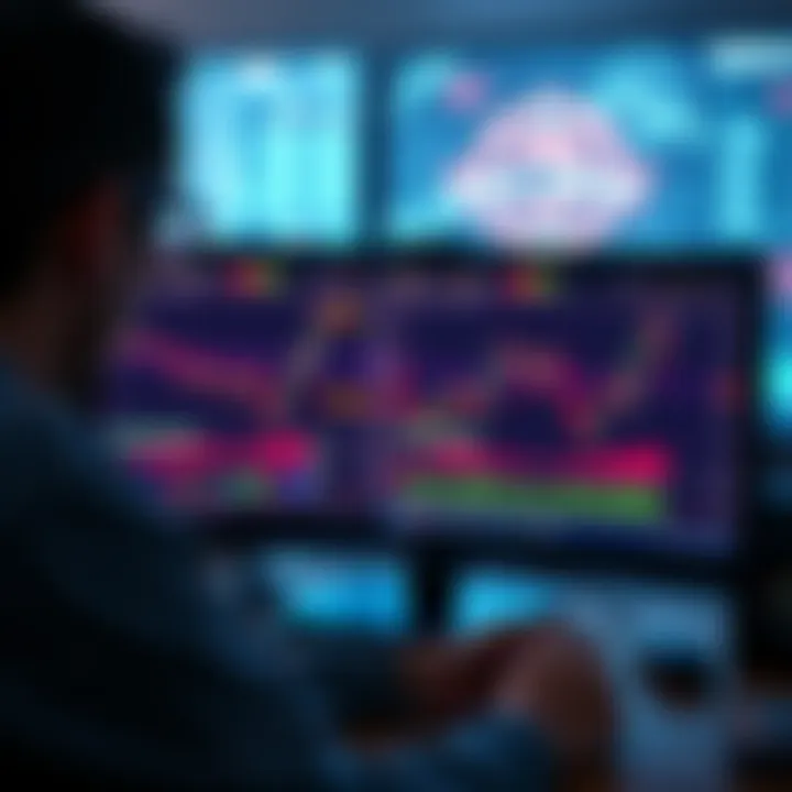 A person looking at a computer screen displaying cryptocurrency charts and warnings about common investment mistakes