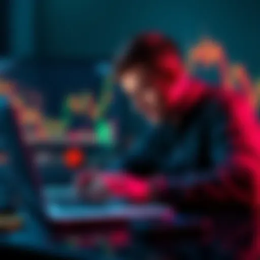 A person analyzing cryptocurrency fees on a laptop with charts in the background
