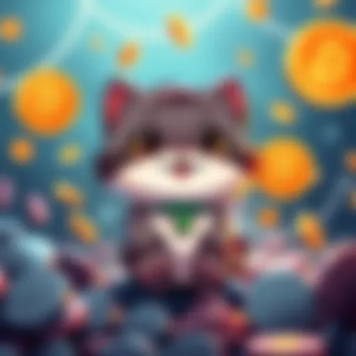 Baby Cash Cat mascot on Robinhood Chain A playful cartoon cat representing Baby Cash Cat, surrounded by coins and digital symbols, showcasing its fun and community-driven theme.