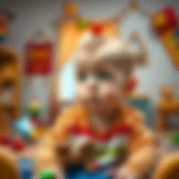 Pete, the baby, sits in a colorful playroom with toys around him, showing a neutral expression as his parent tries to entertain him