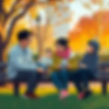 A group of parents joyfully discussing the 126k baby trend at a park, with one parent holding a baby and others listening attentively.