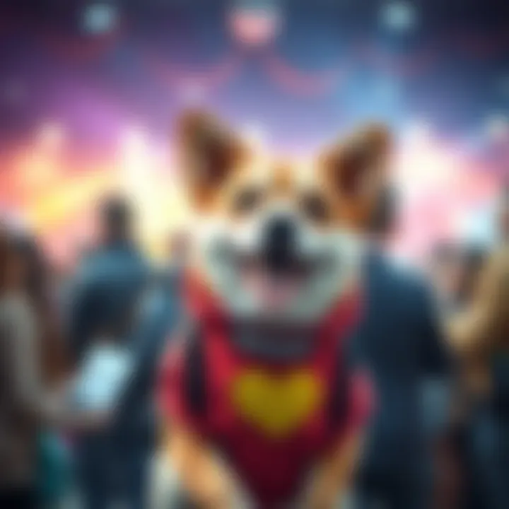 BabyDoge Charity Fundraiser A happy dog wearing a BabyDoge-themed outfit surrounded by people at a charity event