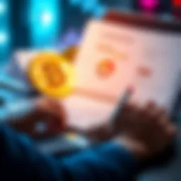 A person analyzing cryptocurrency rewards and tax documents with a calculator and laptop in front of them.