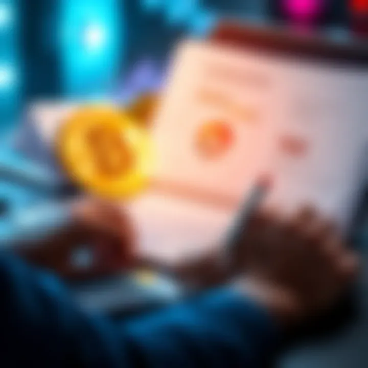 A person analyzing cryptocurrency rewards and tax documents with a calculator and laptop in front of them.