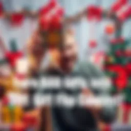 A person humorously displaying a bad holiday gift, holding it up with a playful expression, surrounded by festive decorations.