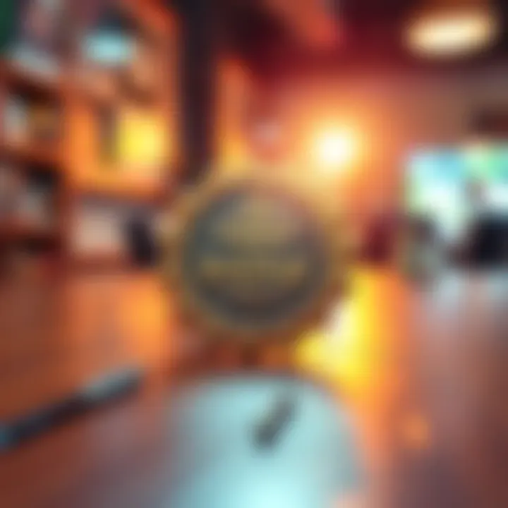 A close-up of a shining badge symbolizing personal achievement, displayed on a wooden table with a warm light shining on it.