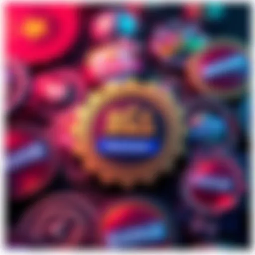 A visual representation showing badges with varying colors, sizes, and labels, illustrating their potential impact on profit shares in forums.