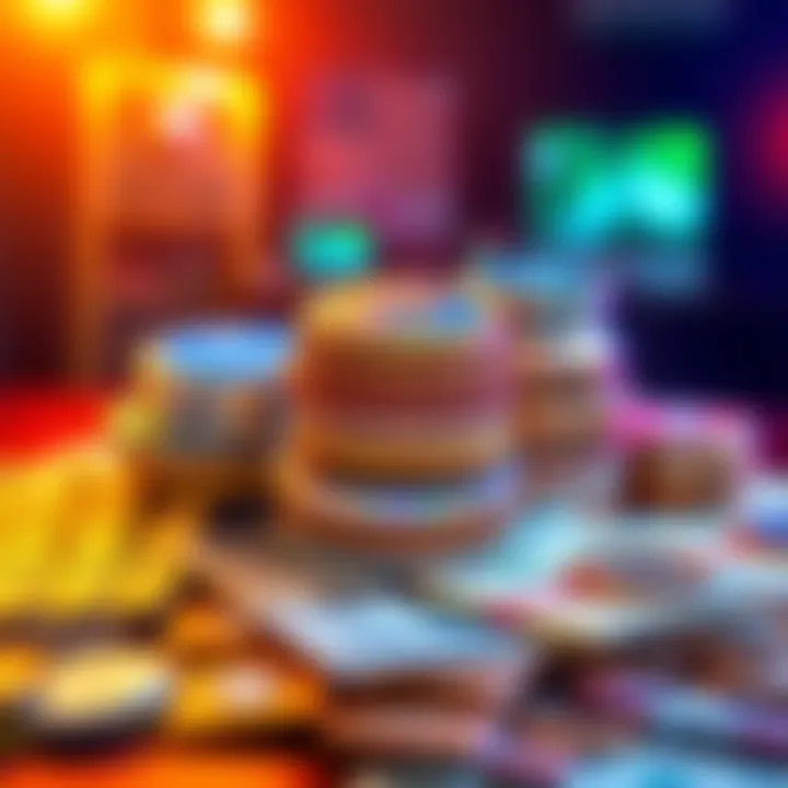A visual representation of game badges stacked over money, symbolizing earnings from badge collection and ad watching.