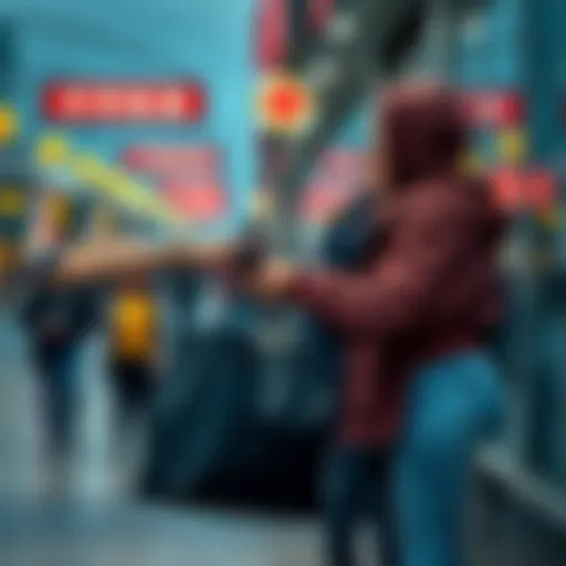 A person handing over a bag to a bag-holding service employee at a busy location, illustrating convenience and personal storage solutions.