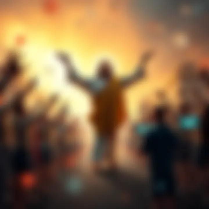 A symbolic figure representing Bagholder Christ stands with open arms, surrounded by hopeful traders celebrating a brighter trading future.