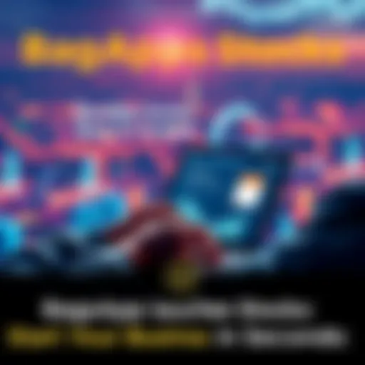 A person using a laptop to register a business on BagsApp, with stock icons and a digital landscape in the background.