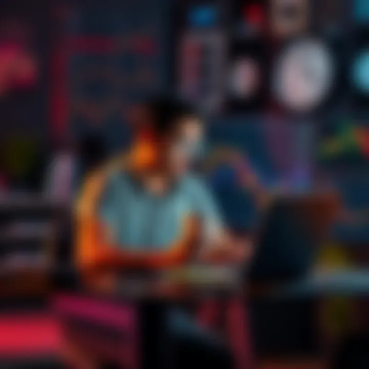 A person sitting at a desk with a laptop, looking thoughtful while holding a coffee mug, surrounded by trading charts and a clock, symbolizing the balance between work and life in trading.