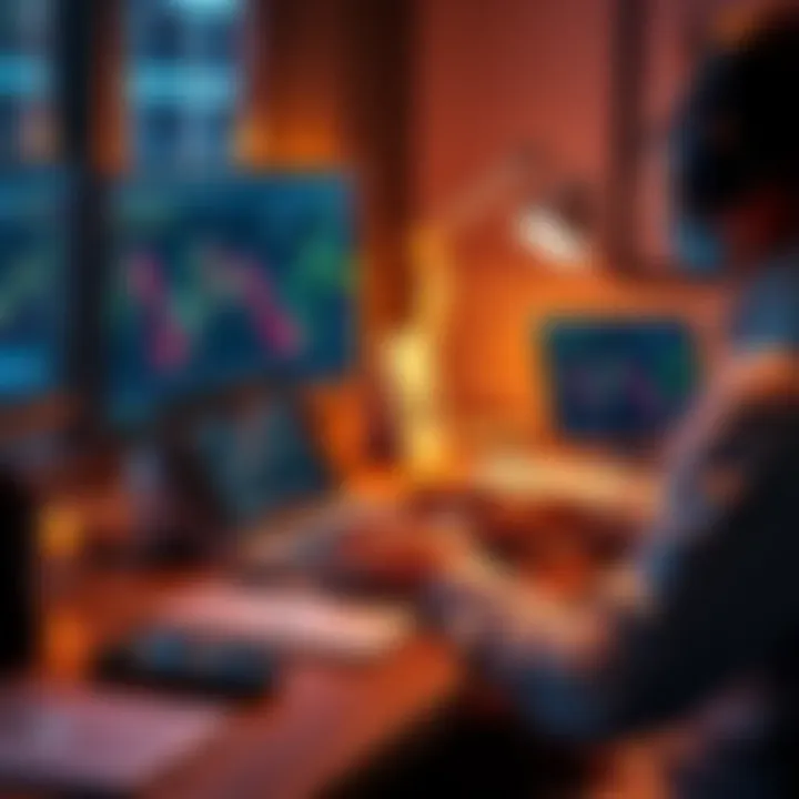 A person working on a laptop at a desk with cryptocurrency charts on the screen, symbolizing the balance of a 9-5 job and crypto investments