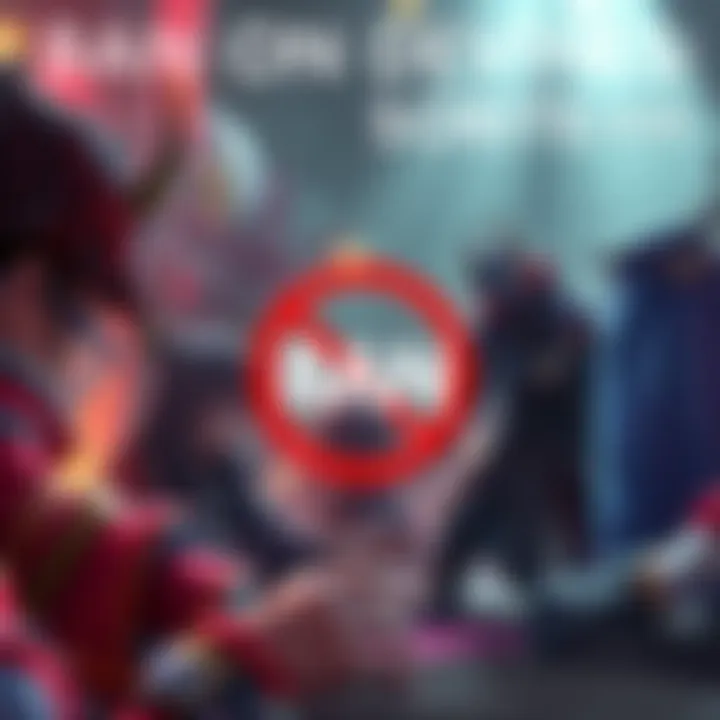 A visual representation of a game scene showing characters in a Sortie match with a ban symbol over specific devines.