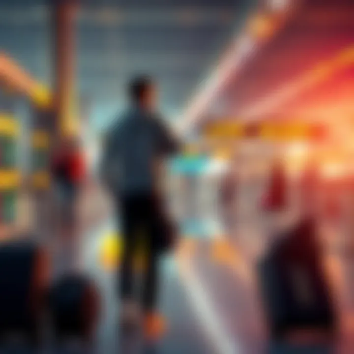 A frustrated traveler standing at the airport terminal after being denied Fast Track service, with luggage in hand and airport staff in the background.