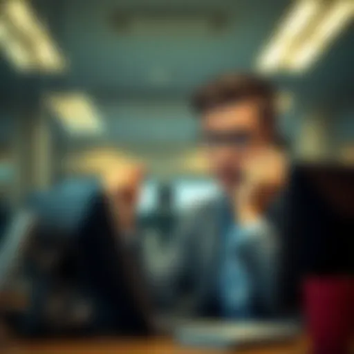 A person talking on the phone in a bank setting, looking concerned about retrieving funds from a closed account.