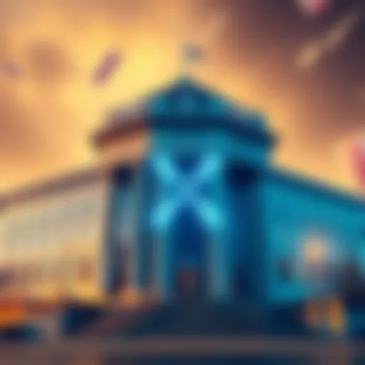 A large bank building with a digital XRP logo displayed prominently, indicating a significant purchase in the cryptocurrency market.