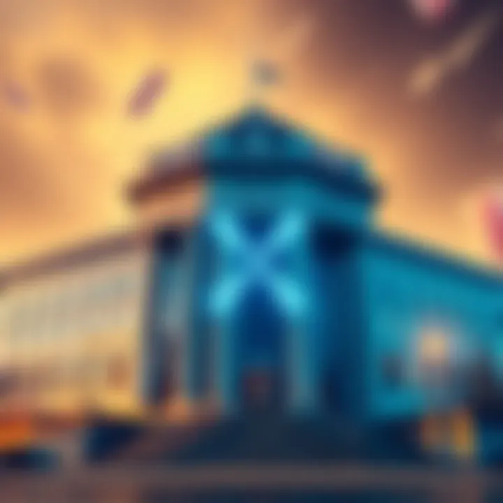 A large bank building with a digital XRP logo displayed prominently, indicating a significant purchase in the cryptocurrency market.