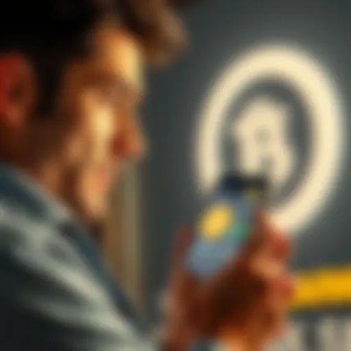 A person looks concerned while holding a smartphone showing a crypto wallet, with a bank logo in the background, symbolizing banks denying service to crypto users.