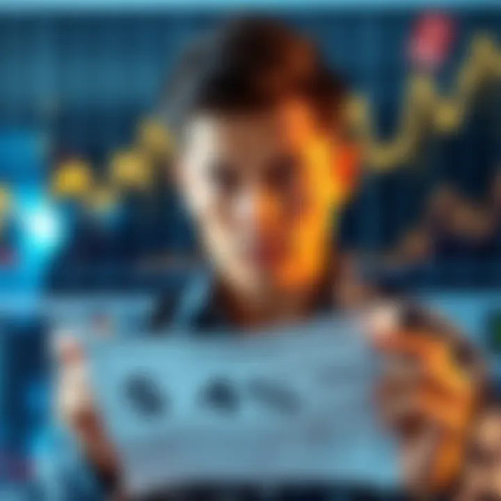 A person looking concerned while holding a bank statement showing 4% interest rate against a backdrop of rising inflation indicators, such as price tags or charts.