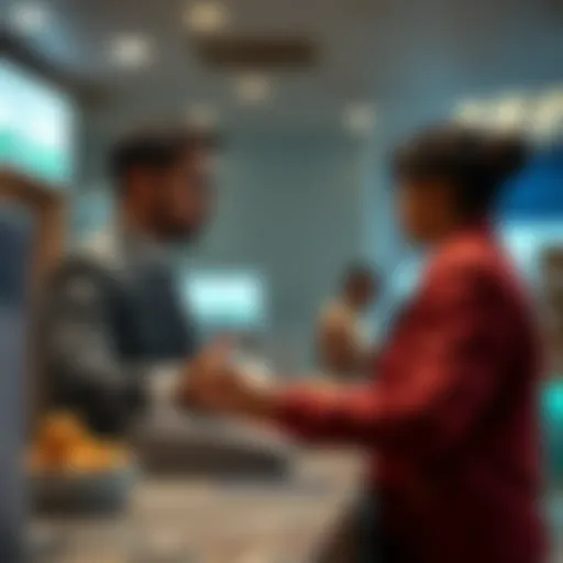 A bank teller is asking a customer questions during a cash withdrawal at a bank counter.