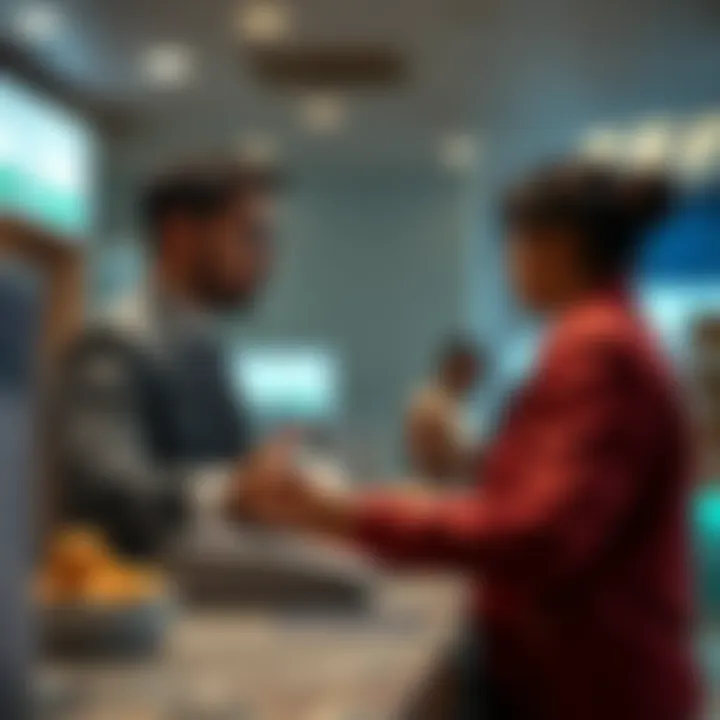 A bank teller is asking a customer questions during a cash withdrawal at a bank counter.
