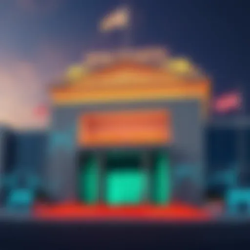 A large bank building with digital elements representing blockchain technology and financial transactions.