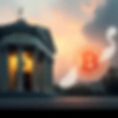 A graphic showing a bank building on one side and a decentralized finance (DeFi) symbol on the other, illustrating the contrast between traditional banking and modern finance options.