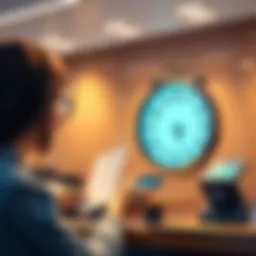 A person at a bank counter completing a withdrawal transaction while looking at a clock showing passing time.