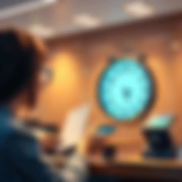 A person at a bank counter completing a withdrawal transaction while looking at a clock showing passing time.