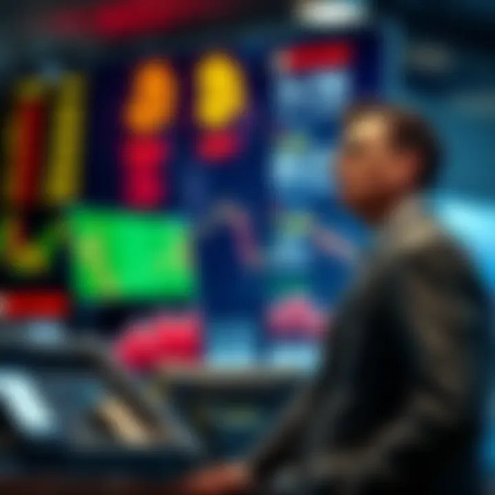A concerned bank teller stands in front of a digital display showing declining Bitcoin prices, illustrating market volatility.
