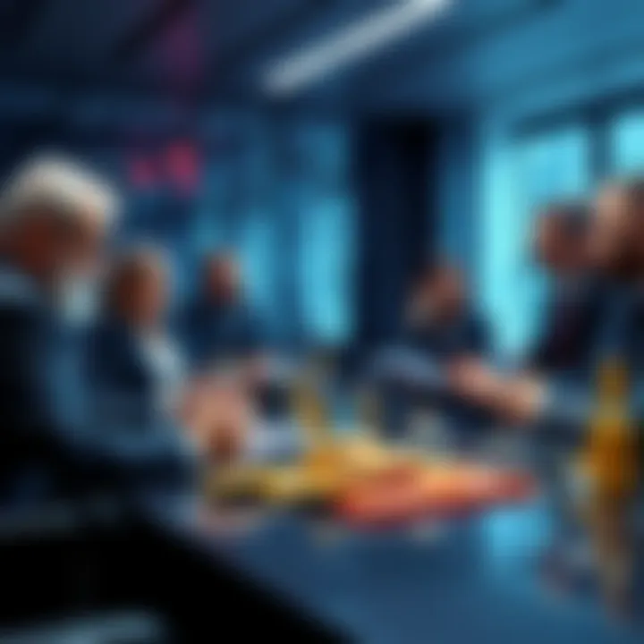 A group of bankers in a meeting room talking about investing in gold and Bitcoin to prepare for a fiat collapse