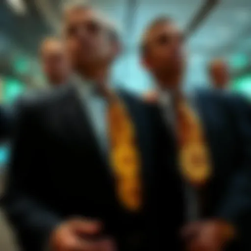 Bankers at TD Bank dressed in business attire with ties featuring Bitcoin symbols, showcasing a blend of traditional finance and modern cryptocurrency culture.