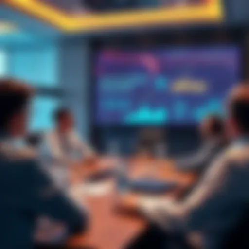 Bankers discussing cryptocurrency Group of bankers in a conference room discussing cryptocurrency strategies with charts and graphics on a screen