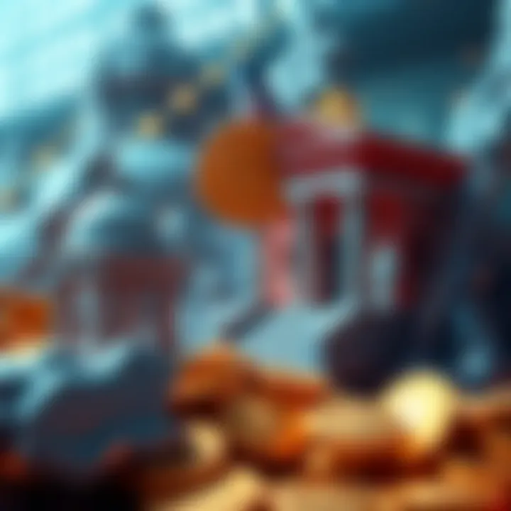 A visual representation of an offshore crypto company facing fiat banking issues, with banks and digital coins depicted