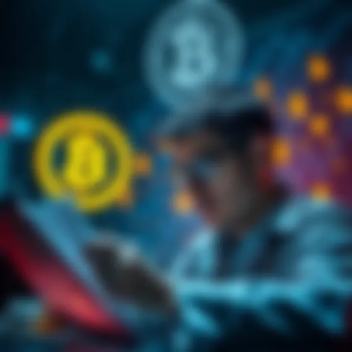 A person analyzing banking laws with crypto symbols in the background, emphasizing the connection between finance and digital currency.