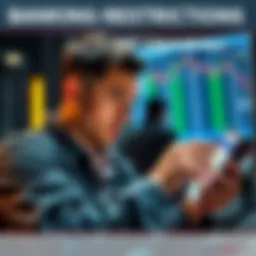 A trader looking concerned while holding cash and checking a banking app on a mobile phone, illustrating challenges in withdrawing profits due to banking restrictions.