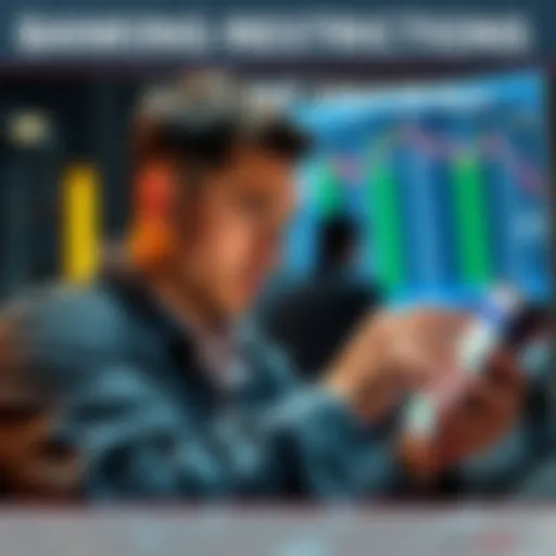 A trader looking concerned while holding cash and checking a banking app on a mobile phone, illustrating challenges in withdrawing profits due to banking restrictions.