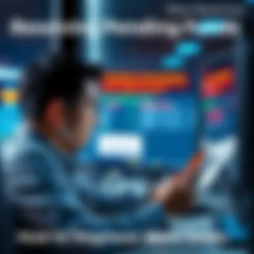 A frustrated person looking at a computer screen showing pending transaction errors, with a bank statement and a phone in hand.