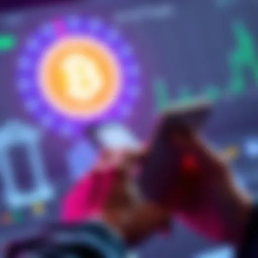 A person using a smartphone to check their bank account, with a Bitcoin logo in the background, symbolizing the connection between traditional banking and cryptocurrency.