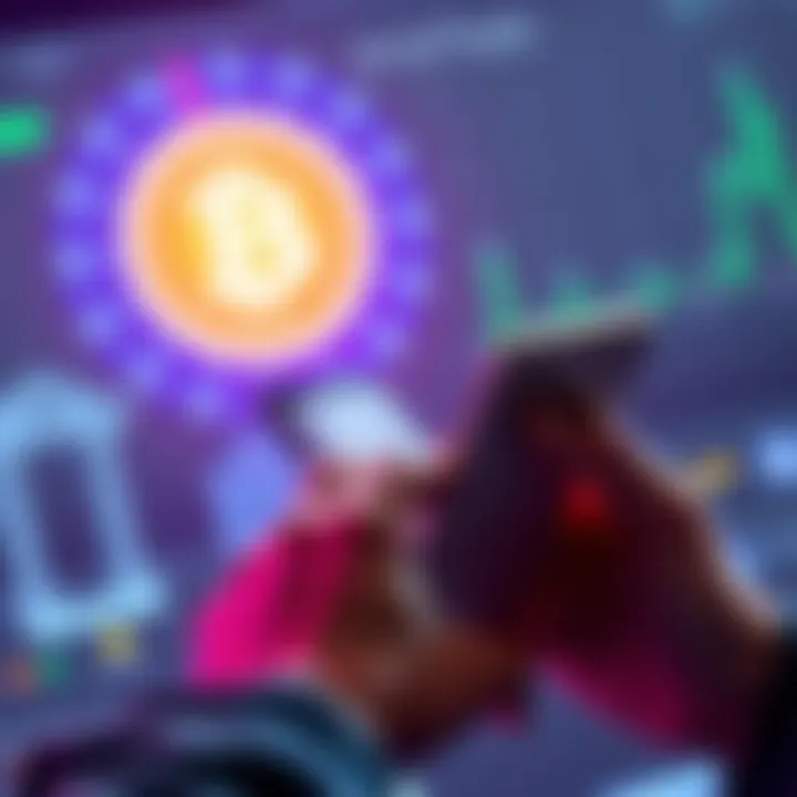 A person using a smartphone to check their bank account, with a Bitcoin logo in the background, symbolizing the connection between traditional banking and cryptocurrency.