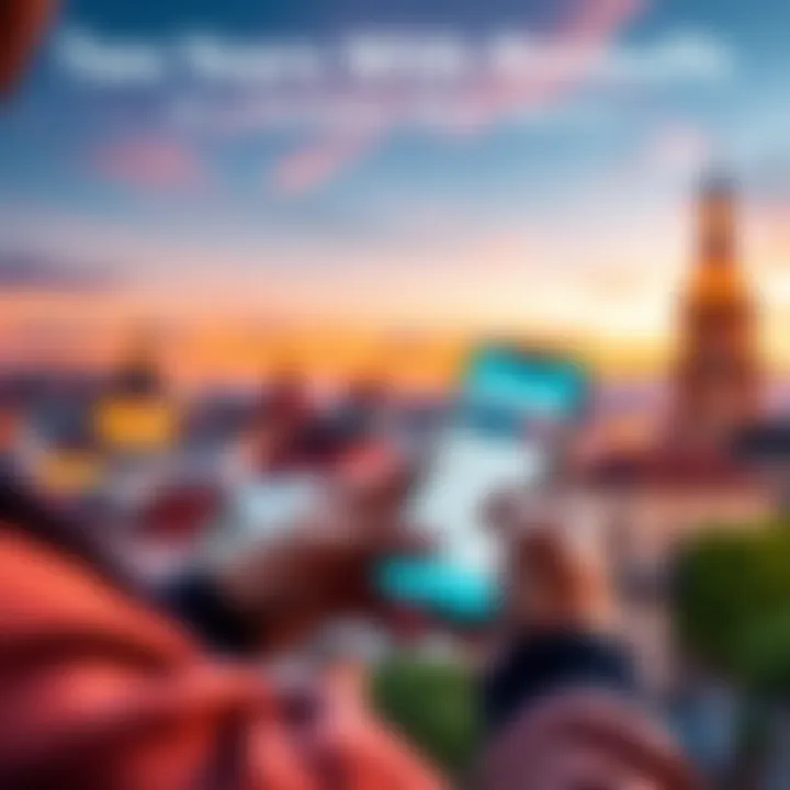 A person using a smartphone to manage their Revolut banking app while traveling, with a scenic background of landmarks