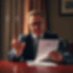 Sam Bankman-Fried, co-founder of FTX, sits at a table with a serious expression while holding a pardon application addressed to Donald Trump.