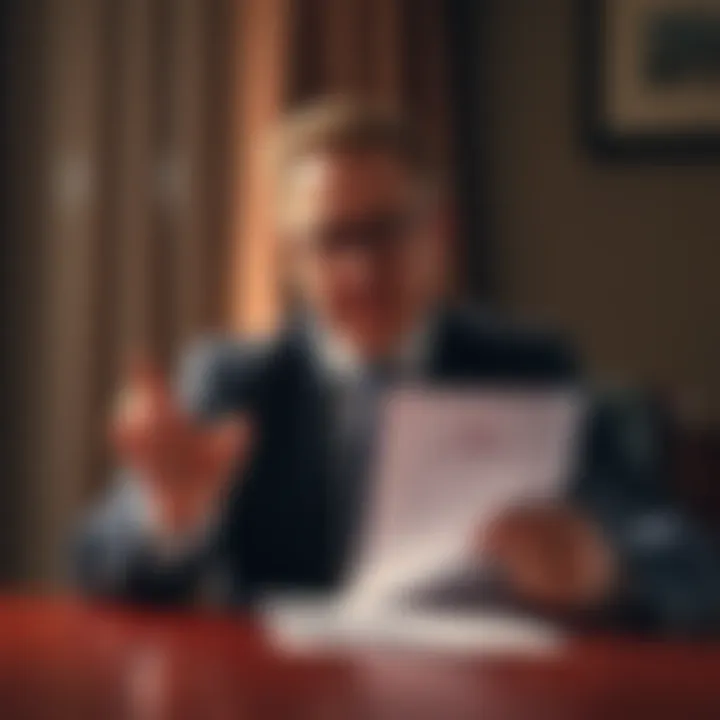 Sam Bankman-Fried, co-founder of FTX, sits at a table with a serious expression while holding a pardon application addressed to Donald Trump.